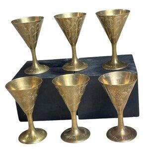 Vintage Unbranded 3.5" Brass? Shot Cup Floral Design Set of 6